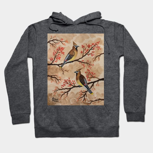 Cedar waxwing birds perched in a tree Hoodie by Matt Starr Fine Art